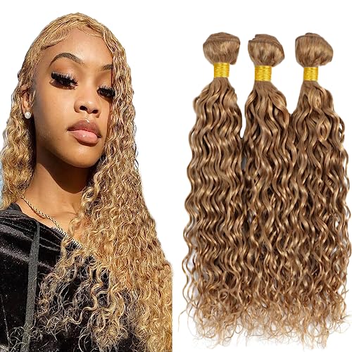 Blonde Water Wave Bundles Human Hair Honey Blonde Bundles 14 16 18 Inch Unprocessed Brazilian Virgin Hair 8A Grade Double Weft Weave Extensions Hair for Women