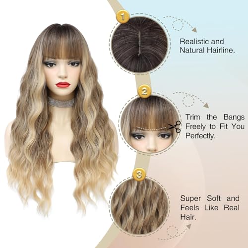 Blonde Wavy Wig with Bangs for Women, 26 Inch Long Blonde Wigs with Bangs for Women, Natural Looking Curly Blonde Wig, Heat Resistant Synthetic Wig, Middle Part Ombre Blonde Wavy wig for Daily - Image 3