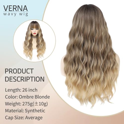 Blonde Wavy Wig with Bangs for Women, 26 Inch Long Blonde Wigs with Bangs for Women, Natural Looking Curly Blonde Wig, Heat Resistant Synthetic Wig, Middle Part Ombre Blonde Wavy wig for Daily - Image 2