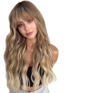 Blonde Wavy Wig with Bangs for Women, 26 Inch Long Blonde Wigs with Bangs for Women, Natural Looking Curly Blonde Wig, Heat Resistant Synthetic Wig, Middle Part Ombre Blonde Wavy wig for Daily