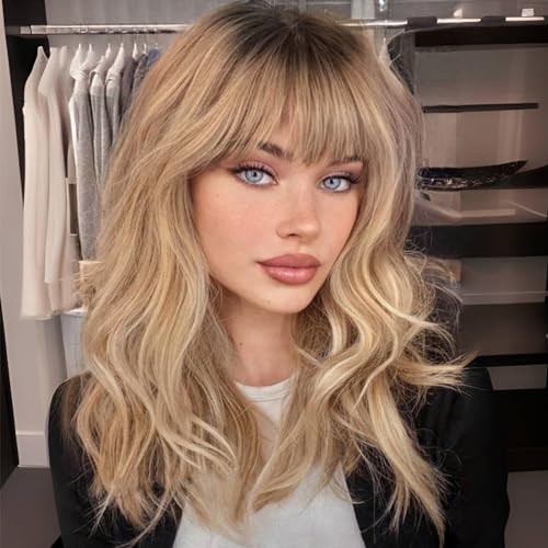 Blonde Wig with Bangs,Ombre Blonde Wavy Wigs for Women,Shoulder Length Curly Synthetic Hair Wig for Party Daily Use 18IN…