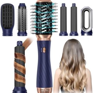 Blow Dryer Brush, 6 in 1 Detachable Rotating Hair Dryer Brush Curling Wand, Upgrade Negative Ionic Hair Styling Tool Set, Automatic Hair Curler Hot Air Brush, Hair Straightener Thermal Brush （Blue）