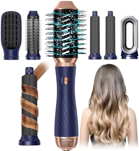 Blow Dryer Brush, 6 in 1 Detachable Rotating Hair Dryer Brush Curling Wand, Upgrade Negative Ionic Hair Styling Tool Set, Automatic Hair Curler Hot Air Brush, Hair Straightener Thermal Brush （Blue）