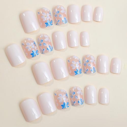 Blue Flower Press on Nails Short Square Fake Nails Full Cover Spring Summer White Acrylic Nails False Nails Glossy Reusable Gel Glue on Nails Simple Nature Stick on Nails for Women Girls Holiday - Image 2
