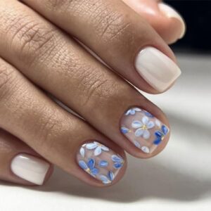 Blue Flower Press on Nails Short Square Fake Nails Full Cover Spring Summer White Acrylic Nails False Nails Glossy Reusable Gel Glue on Nails Simple Nature Stick on Nails for Women Girls Holiday