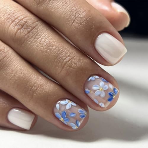 Blue Flower Press on Nails Short Square Fake Nails Full Cover Spring Summer White Acrylic Nails False Nails Glossy Reusable Gel Glue on Nails Simple Nature Stick on Nails for Women Girls Holiday