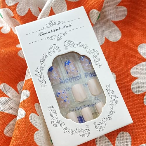 Blue Flower Press on Nails Short Square Fake Nails Full Cover Spring Summer White Acrylic Nails False Nails Glossy Reusable Gel Glue on Nails Simple Nature Stick on Nails for Women Girls Holiday - Image 4