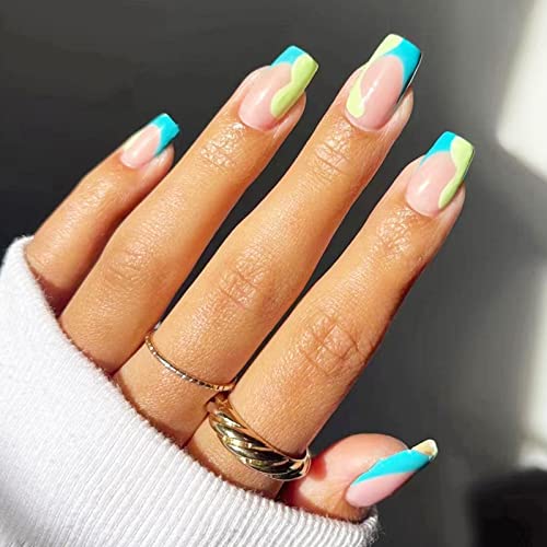 Blue French Press On Nails Medium Fake Nails Green Smudge Nails Press Ons Medium Coffin False Nails Full Cover Glue on Nails Press On Nail Kit for Women and Girls 24 Pcs