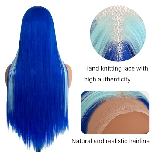Blue Highlight Wigs Long Straight Hair Natural Looking Heat Resistant Glueless Hair Blue Hair Synthetic Lace Front Wigs for Fashion Women - Image 4