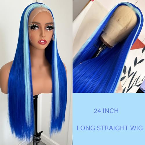 Blue Highlight Wigs Long Straight Hair Natural Looking Heat Resistant Glueless Hair Blue Hair Synthetic Lace Front Wigs for Fashion Women - Image 3