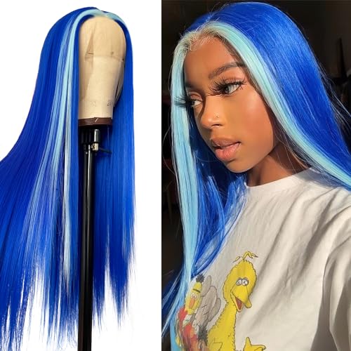 Blue Highlight Wigs Long Straight Hair Natural Looking Heat Resistant Glueless Hair Blue Hair Synthetic Lace Front Wigs for Fashion Women