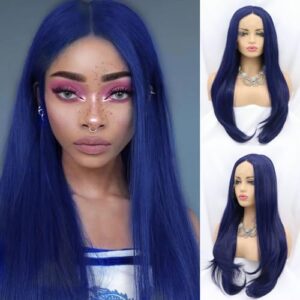 Blue Lace Front Wigs for Fashion Women Long Straight Navy Blue Synthetic Lace Front Wigs Pre Plucked Natural Hairline Heat Resistant Fiber Hair Wig Glueless Synthetic Lace Wig 22 Inch Cosplay