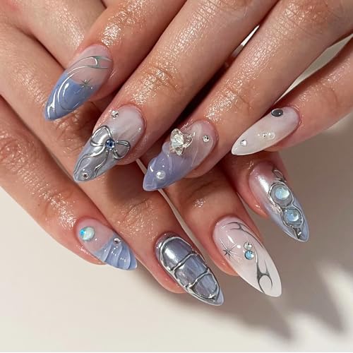 Medium Almond Blue French Tip Press On Nails with 3D Butterfly Rhinestones 24 Pcs