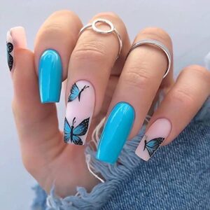 Blue Medium Press On Nails Butterfly Fake Nails With Design Glossy Nude Acrylic Nails Full Cover False Nails Stick Glue On Nails For Women