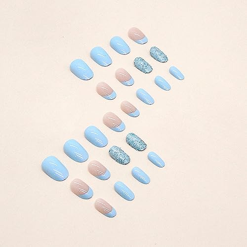 Blue Press on Nails Short Almond Shaped Fake Nails French Tip Acrylic Nails with Glitter Designs Summer Glue on Nails Oval Almond Stick on Nails Holiday Tropical Artificial Nails for Women 24Pcs - Image 5