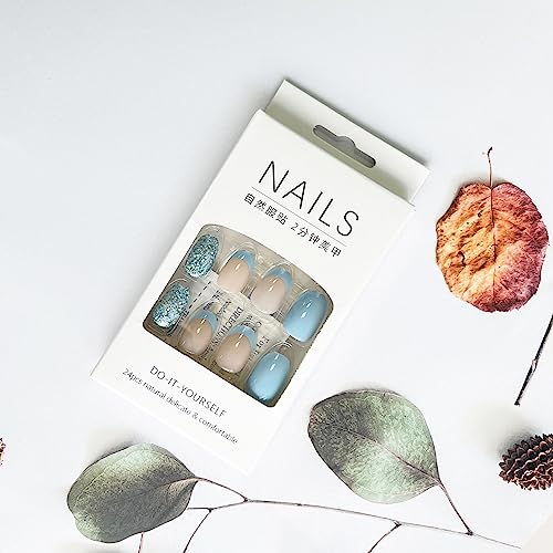 Blue Press on Nails Short Almond Shaped Fake Nails French Tip Acrylic Nails with Glitter Designs Summer Glue on Nails Oval Almond Stick on Nails Holiday Tropical Artificial Nails for Women 24Pcs - Image 3