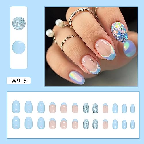 Blue Press on Nails Short Almond Shaped Fake Nails French Tip Acrylic Nails with Glitter Designs Summer Glue on Nails Oval Almond Stick on Nails Holiday Tropical Artificial Nails for Women 24Pcs - Image 2