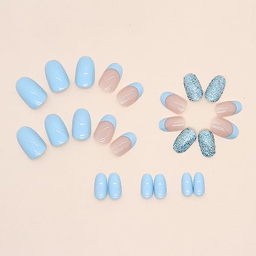 Blue Press on Nails Short Almond Shaped Fake Nails French Tip Acrylic Nails with Glitter Designs Summer Glue on Nails Oval Almond Stick on Nails Holiday Tropical Artificial Nails for Women 24Pcs - Image 4