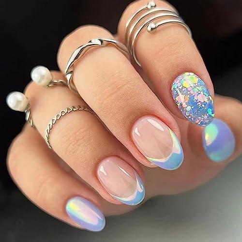 Blue Press on Nails Short Almond Shaped Fake Nails French Tip Acrylic Nails with Glitter Designs Summer Glue on Nails Oval Almond Stick on Nails Holiday Tropical Artificial Nails for Women 24Pcs