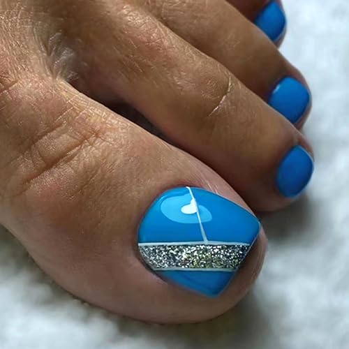 Blue Press on Toenails with Silver Glitter Square Glossy Fake Toenails Short Acrylic Full Cover Toe Nails for Women Girls DIY Charm Manicure