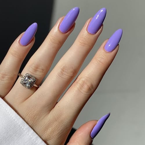 Blue Purple Press on Nails Almond Medium, Pure Color Glossy Fake Nails Press Ons Almond Shape, Stick on Nails for Women and Girls Daily Wear in 24PCS