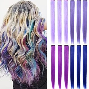 Blue&Purple&Lavender&Light Purple Wig Pieces Colorful Party Highlights Clip in Coloured Hair Extensions Multicolors Straight Synthetic Hairpieces for Women Kids Girls