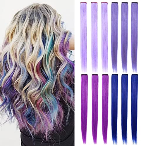 Blue&Purple&Lavender&Light Purple Wig Pieces Colorful Party Highlights Clip in Coloured Hair Extensions Multicolors Straight Synthetic Hairpieces for Women Kids Girls
