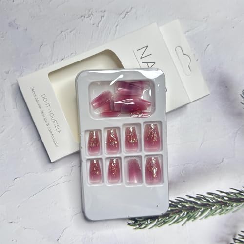 Blush Press on Nails with Charms Red Gradient Fake Nails Medium Length Coffin Nails with Designs Shiny False Nails Square Shape Full Cover Acrylic Nails for Women Girls Manicure Nail Decoration - Image 5