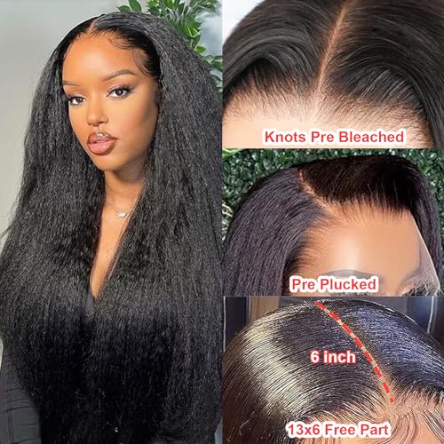 BLY Human Hair Lace Front Glueless Wigs for Women 13x6 Kinky Straight Pre Bleached Knots Yaki Human Hair Wig HD Transparent Lace Pre Plucked 180% Density Natural Black Color 26 Inch - Image 2