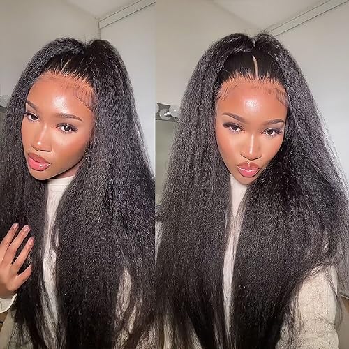 BLY Human Hair Lace Front Glueless Wigs for Women 13x6 Kinky Straight Pre Bleached Knots Yaki Human Hair Wig HD Transparent Lace Pre Plucked 180% Density Natural Black Color 26 Inch
