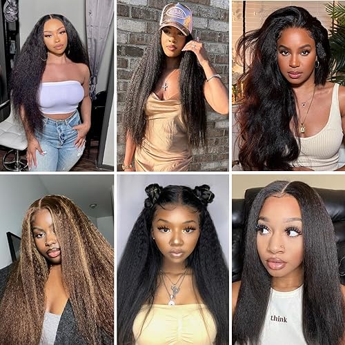 BLY Human Hair Lace Front Glueless Wigs for Women 13x6 Kinky Straight Pre Bleached Knots Yaki Human Hair Wig HD Transparent Lace Pre Plucked 180% Density Natural Black Color 26 Inch - Image 6