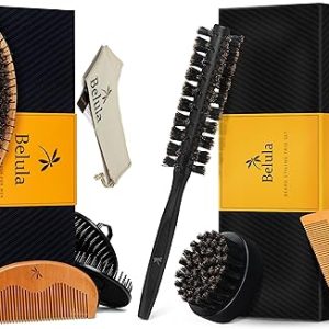 Boar Bristle Hair Brush for Men with Nylon Pins Set and 100% Round Boar Bristle Beard Brush for Men Trio Black Set Bundle