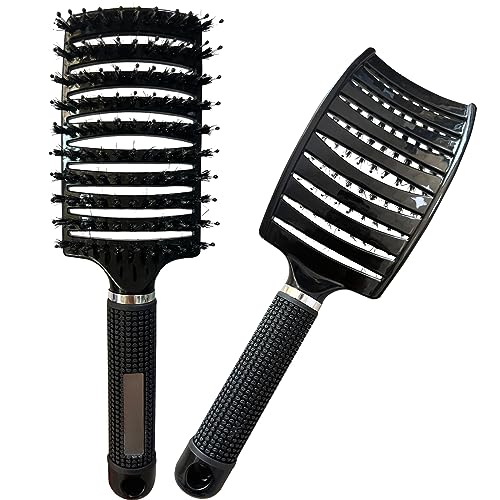Boar Bristle Hair Brush for Women Men Kid,Soft Natural Boar Bristles with Nylon, Paddle Detangling Hair Brush for Curly, Wet and Dry Hair (Hair Brush - Black)