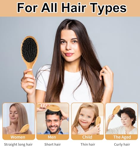 Boars Hair Brush, Comb and Brush Set, Boar Bristle Hairbrush for Thick Curly Thin Long Short Wet or Dry Hair Adds Shine and Makes Hair Smooth, Bamboo Hair Brush for Women, Men, Kids 2PCS - Image 6