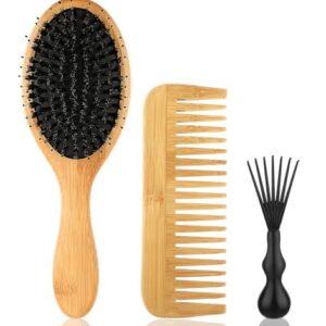 Boars Hair Brush, Comb and Brush Set, Boar Bristle Hairbrush for Thick Curly Thin Long Short Wet or Dry Hair Adds Shine and Makes Hair Smooth, Bamboo Hair Brush for Women, Men, Kids 2PCS