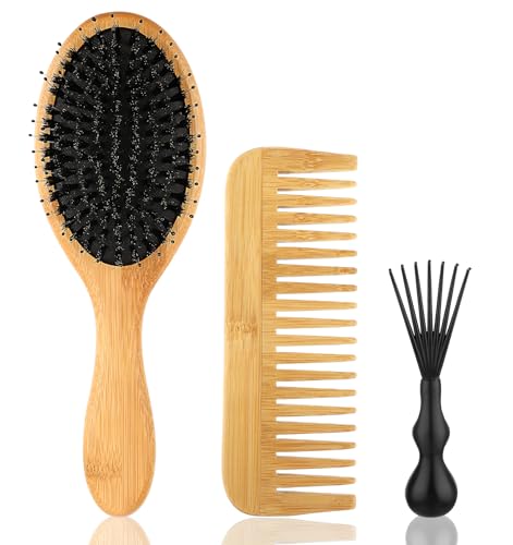 Boars Hair Brush, Comb and Brush Set, Boar Bristle Hairbrush for Thick Curly Thin Long Short Wet or Dry Hair Adds Shine and Makes Hair Smooth, Bamboo Hair Brush for Women, Men, Kids 2PCS