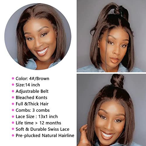 Short Straight Bob Human Hair Lace Front Wig 14 Inch 180% Density Brown - Image 4