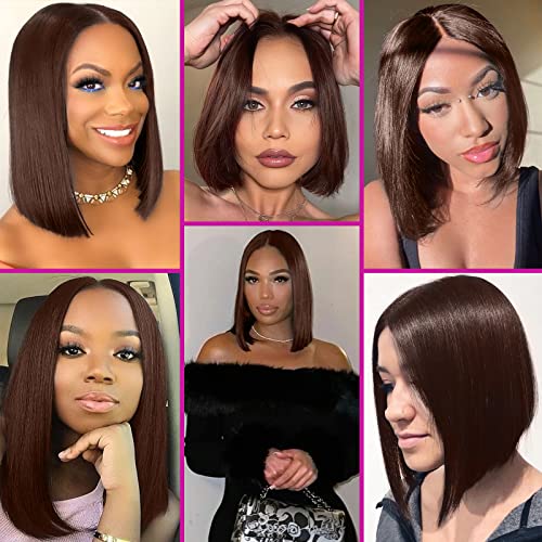 Short Straight Bob Human Hair Lace Front Wig 14 Inch 180% Density Brown - Image 5