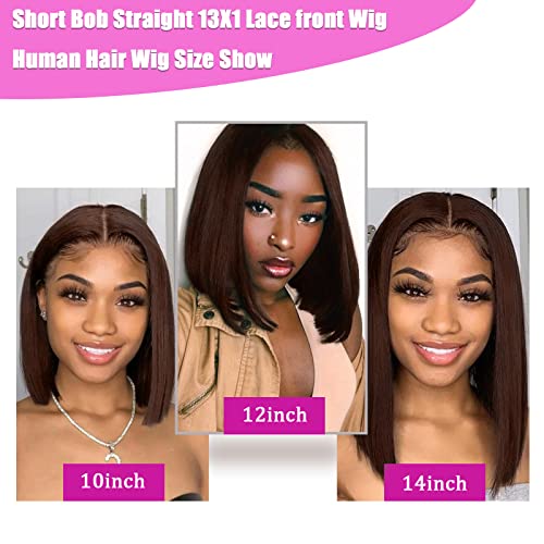 Short Straight Bob Human Hair Lace Front Wig 14 Inch 180% Density Brown - Image 2