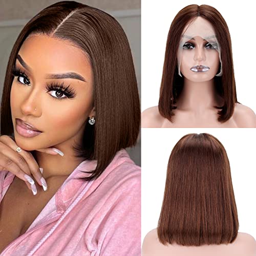 Short Straight Bob Human Hair Lace Front Wig 14 Inch 180% Density Brown