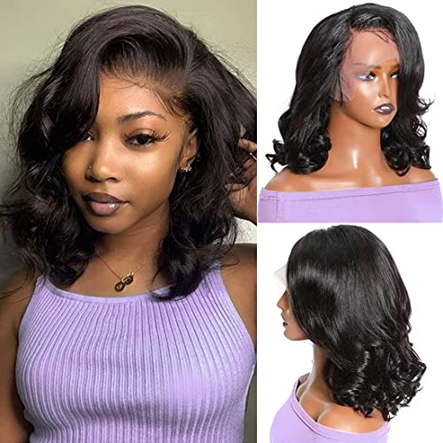 Bob Wig Human Hair 13x4 Body Wave HD Lace Front Wigs Human Hair Pre Plucked Jolanly Wavy Bob Wigs for Women Short Bob Wigs Brazilian Loose Wave Wear and Go Human Hair Wig 180% Density 12 Inch