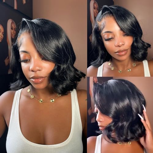 Bob Wig Human Hair 13x4 Frontal Lace Wig Body Wave HD Lace Front Wigs Human Hair Pre Plucked Short Bob Wigs for Women Human Hair Glueless Wig Natural Black Color (10 inch, Bob Wig Human Hair)