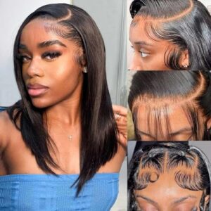 Bob Wig Human Hair 13x4 Frontal Lace Wig Short Straight HD Lace Front Bob Wigs for Black Women Human Hair Glueless Pre Plucked Hairline with Baby Hair 180% Density 16 Inch