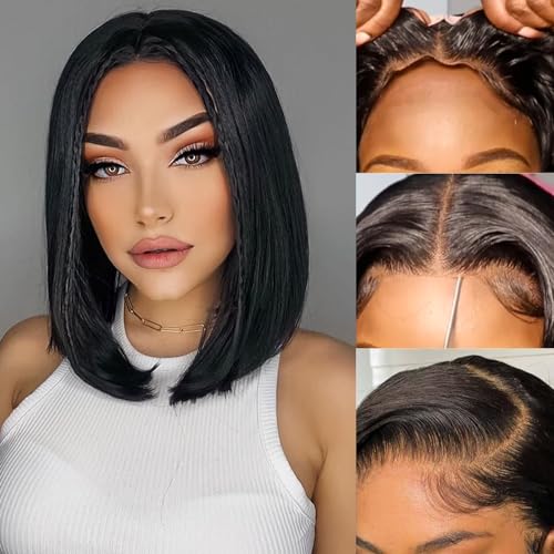 Bob Wig Human Hair 13x4 HD Front Lace - Glueless Straight Short Bob Wig, Pre-Plucked with Baby Hair 180% Density for Women and Unisex, Black (14 Inch, Bob Black)