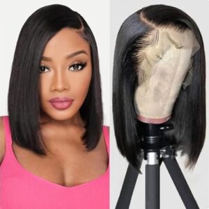 Bob Wig Human Hair 13x4 HD Lace Front Wig 180% Density Frontal Lace Wig 14 Inch Human Hair Straight Bob Lace Front Wigs Human Hair Pre Plucked Human Hair Wigs For Black Women Natural Bob Wig