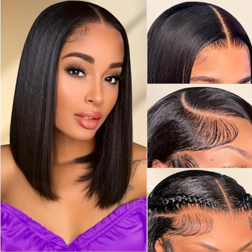 Bob Wig Human Hair, 13x4 HD Lace Front Wigs Human Hair, 10 Inch Glueless Transparent Lace Frontal Bob Wigs 180% Density 12A Brazilian Short Bob Wig for Women Pre Plucked with Baby Hair