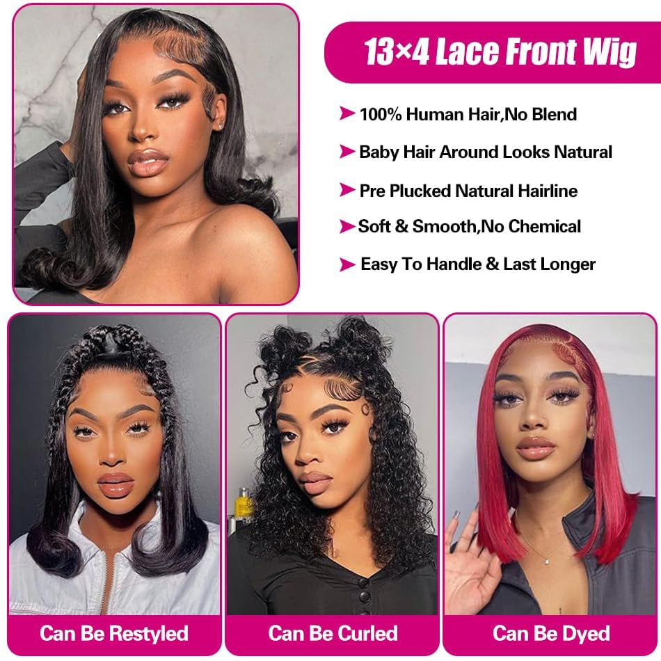 Bob Wig Human Hair, 13x4 HD Lace Front Wigs Human Hair, 10 Inch Glueless Transparent Lace Frontal Bob Wigs 180% Density 12A Brazilian Short Bob Wig for Women Pre Plucked with Baby Hair - Image 3