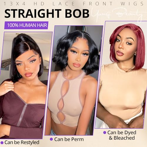 Bob Wig Human Hair 13x4 HD Transparent Lace Front Wigs For Black Women 180% Density Lace Frontal Short Bob Wigs Human Hair Glueless Pre Plucked With Baby Hair Straight Bob Wig Natural Color 14inch - Image 4