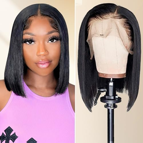Bob Wig Human Hair 13x4 Lace Frontal Wigs For Women HD Transparent Lace Front Bob Wig Human Hair Glueless Pre Plucked with Baby Hair 180% Density Straight Short Bob Wigs Natural Color 12inch