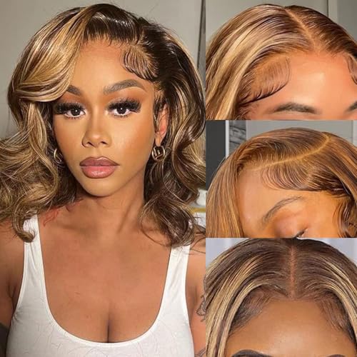 Bob Wig Human Hair 4/27 Highlight Ombre Honey Blonde HD Lace Front Wig Human Hair Body Wave Lace Front Wigs Human Hair Pre Plucked Frontal Wigs Human Hair 13X4 10 Inch